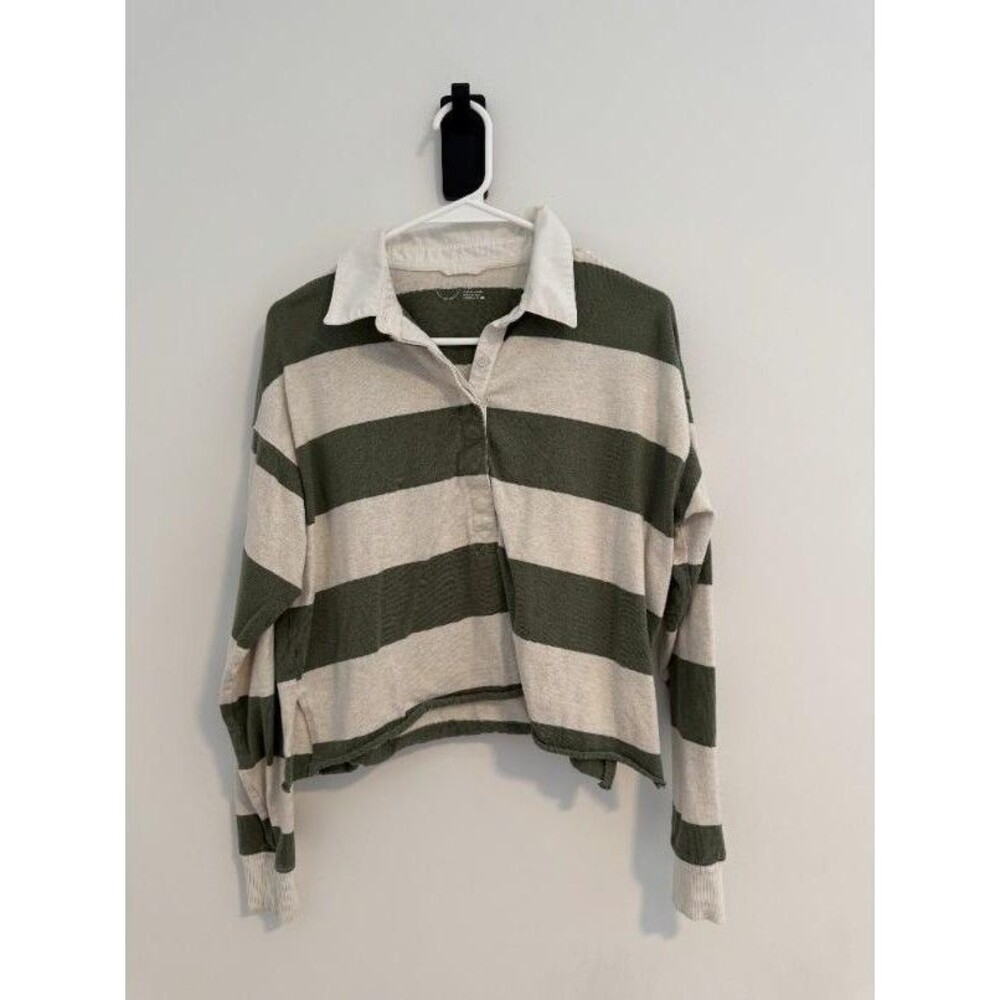 American Eagle Green Cream Striped Rugby Crop Polo Pullover Women's XS